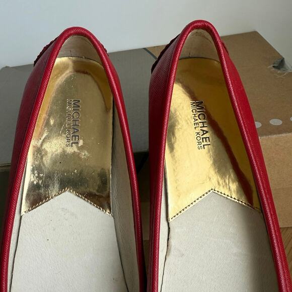 Michael Kors Fulton Red Leather Gold Logo Women Flats Moccasins - SZ 7.5 - Picture 7 of 10